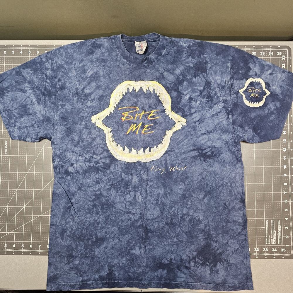 Vintage Bite Me Shark Jaws Tshirt XL Tie Dye 90s Singlestitch Surfer Streetwear